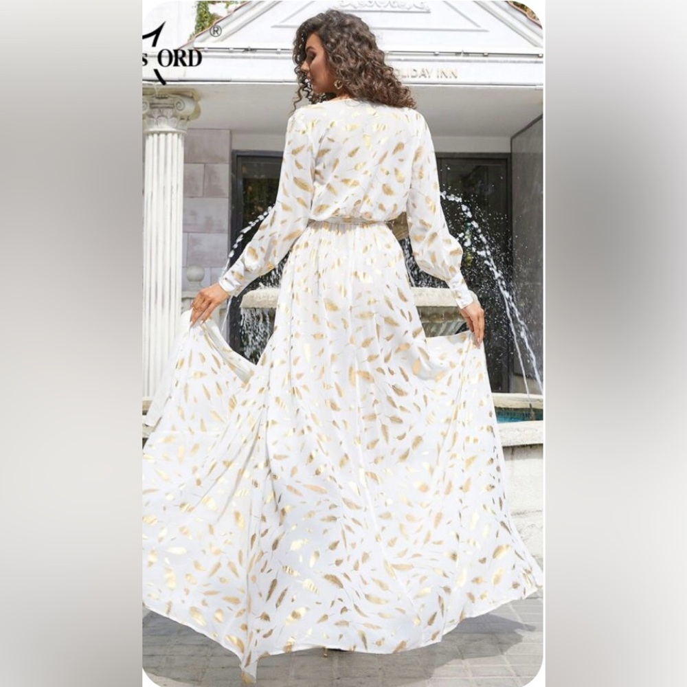 NWT Miss Ord Sheer Long Sleeve Feather Patrn High Slit Women's Maxi Cover Dress. - Picture 16 of 16